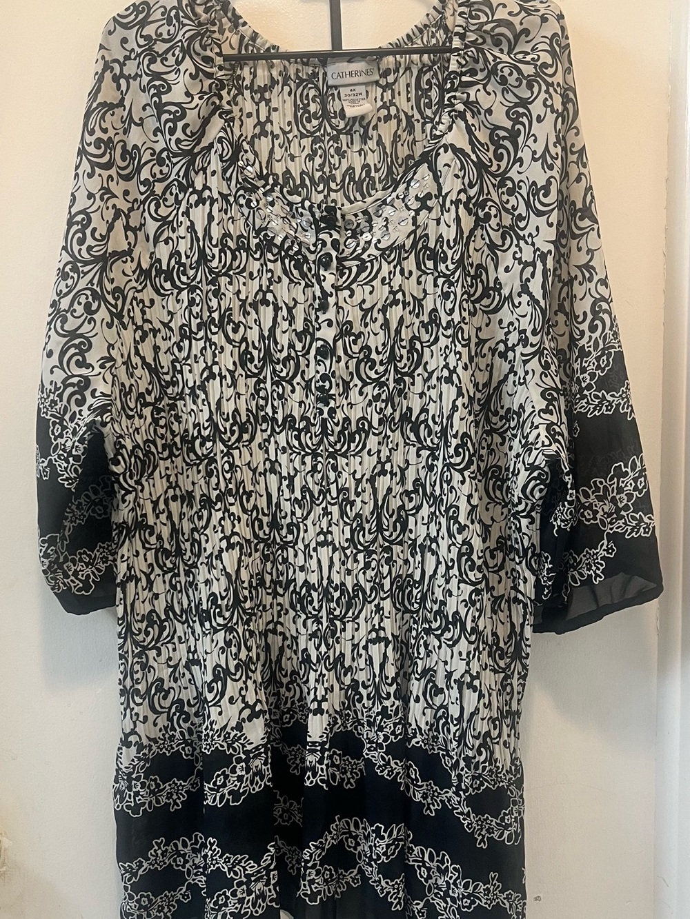 Catherines Black & White Scroll-Print Peasant Blouse